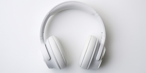 Minimalistic top view composition with white headphones on bright white background with a lot of copy space for your text .Minimalistic Top View with White Headphones on a Bright White Canvas .