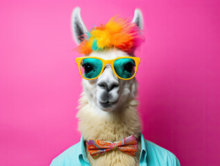 Obraz premium Funny llama dressed in a festive costume on colorful background