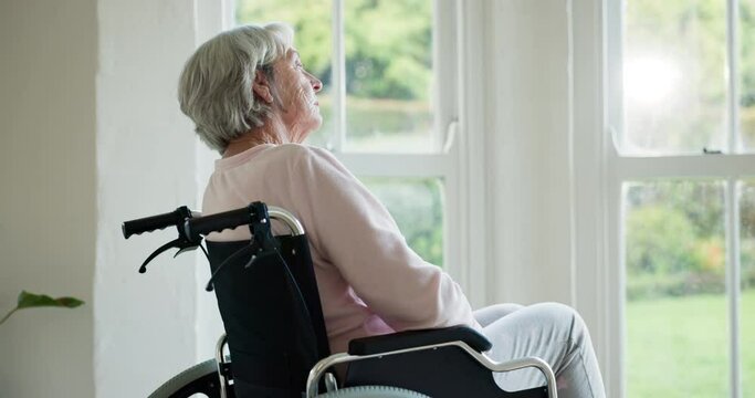 Senior woman, memory or wheelchair by window for thinking, idea or nostalgia in retirement. Elderly person with disability, mental health and vision for anxiety, reflection or future in nursing home
