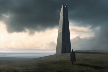 Sci-fi obelisk on hill with person in cloak performing ritual - fantasy 3D art. Generative AI