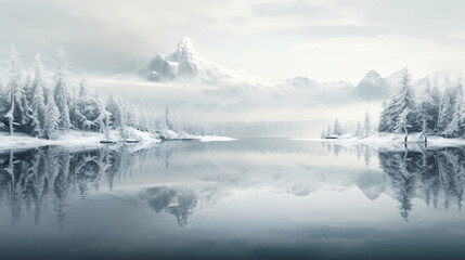 A calm lakeside vista with silver tones and shimmering reflections.
