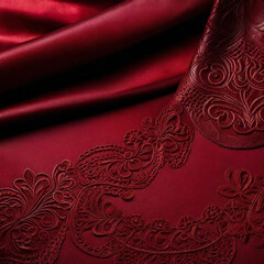 Varias telas color rojo intenso, satin brillante, encaje y cuero. Fondo romantico para san valentin - obrazy, fototapety, plakaty