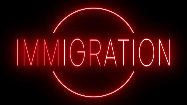 Flickering red retro style neon sign glowing against a black background for IMMIGRATION