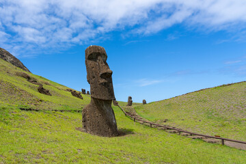 Moai Piro Piro close up at Rano Raraku on Easter Island (Rapa Nui), Chile. Rano Raraku is commonly...
