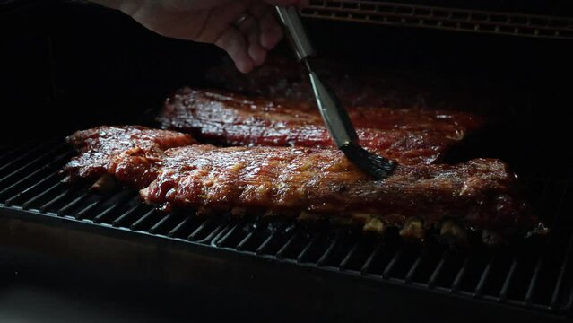 Smoked baby back pork ribs cooked on a pellet grill