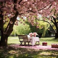 A peaceful picnic spot under the shade of a blooming cherry tree.