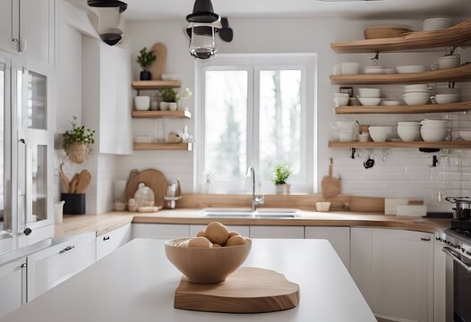 Blur background interior design, scandinavian classic white kitchen with wooden details stock photoKitchen, Backgrounds, Defocused, Blurred Motion, Domestic