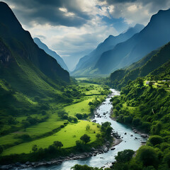 A calm river winding through a lush, green valley.