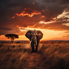 A lone elephant strolling through the golden savannah at dusk.