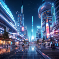 Fototapeta na wymiar Futuristic city with holographic advertisements and sleek architecture