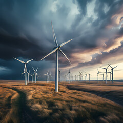 Group of wind turbines against a dramatic cloudy sky