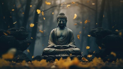 Buddha in forest and leaf fallen. Generative AI.