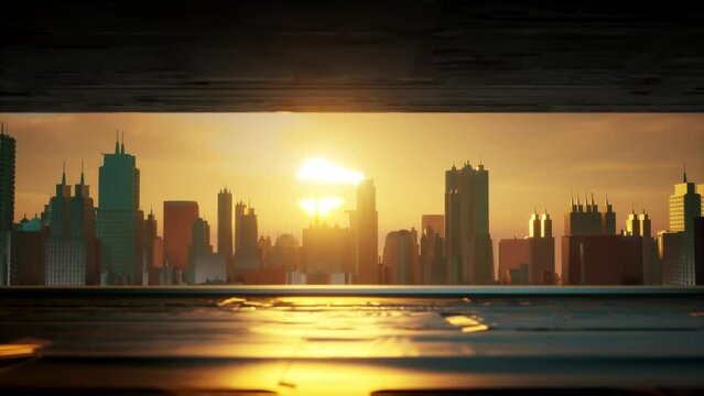 cityscape view animation with wide camera look angle and sunset behind city downtown. Skycrapers sun reflection from buildings. Modern 3d render animation