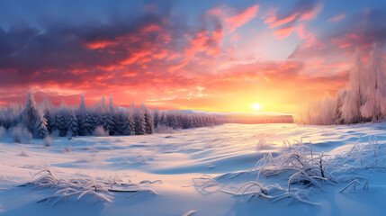 Winter sunrise over a snow-covered meadow