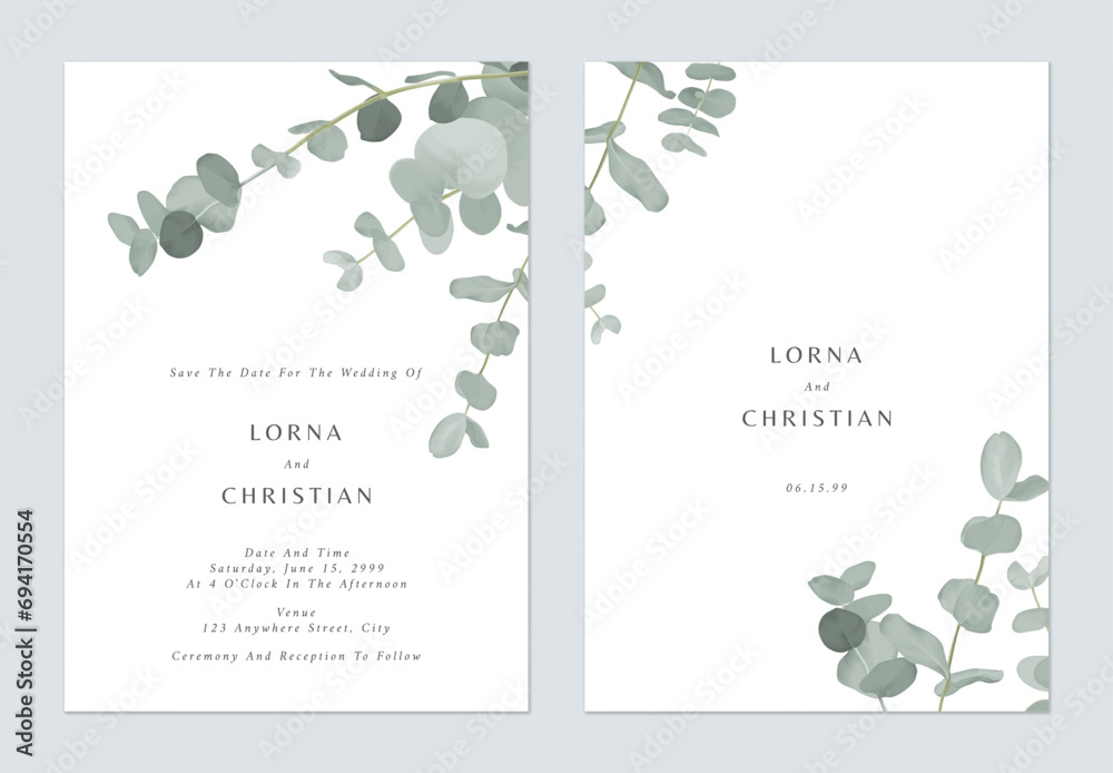 Wall mural white green minimalist eucalyptus cinerea wedding invitation