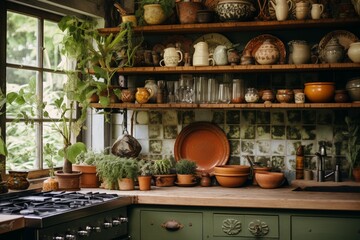 Rustic boho kitchen with open shelving, handmade pottery, and vintage cookware