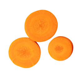 Top view of beautiful orange carrot slices in set isolated on white background with clipping path in png file format