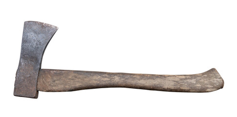 Old rust dirty dark gray axe with brown wooden handle isolated on white background with clipping...
