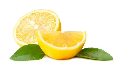 Fresh yellow lemon half with quater and leaves isolated on white background with clipping path and shadow in png file format