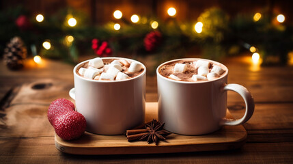 Two homemade hot chocolate mugs with marshmallows on rustic wooden Christmas table. Generative AI