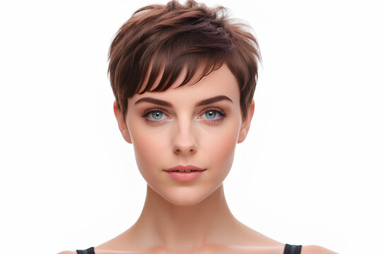 A portrait of a cute young smiling woman with dreamy eyes and pixie cut hairstyle. Studio shot of a sweet adorable girl with short boyish wavy brown hair look. Female with fashion salon haircut style.