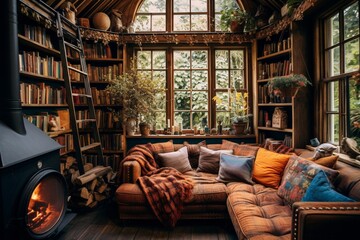 Bohemian-inspired home library with floor-to-ceiling bookshelves and cozy reading corners