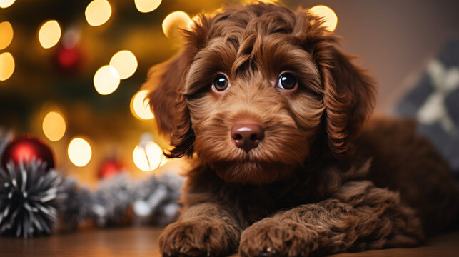 A young brown labradoodle dog is proudly sitting in front a decorated christmas tree. Cute puppy play at home, new year decorated interior. 