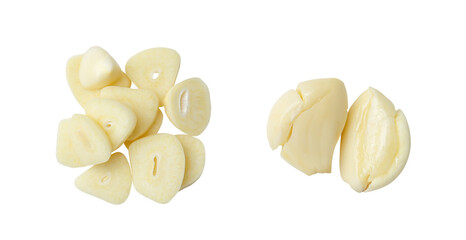Top view set of pounded peeled garlic cloves and slices isolated on white background with clipping...