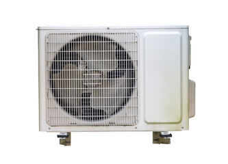 Fototapeta premium Air conditioner compressor outdoor unit isolated on white background with clipping path in png file format. Condensing unit front view
