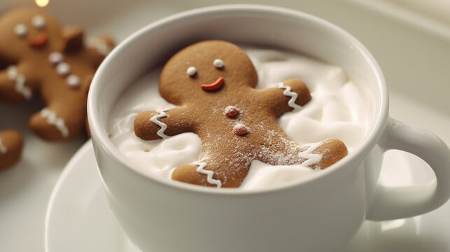 Gingerbread man bathing in cup of hot chocolate or cocoa with marshmallow. Generative AI