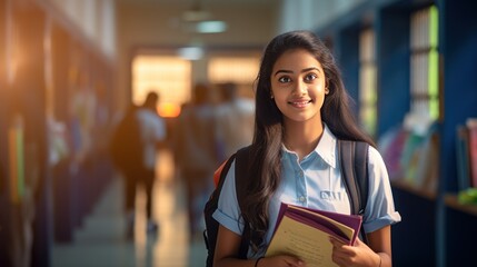 Young indian college girl holding backpack ,Happy students smile at the camera