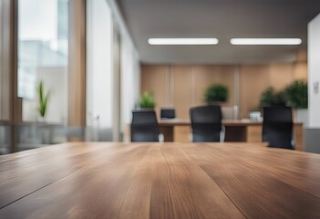 Fototapeta premium Defocused empty office interior and a wooden background stock photoTable, Backgrounds, Desk, Office, Home