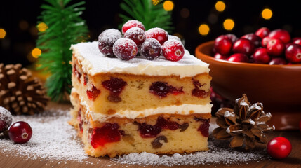 Fototapeta na wymiar Squares of Christmas cake adorned with a cranberry. Generative AI
