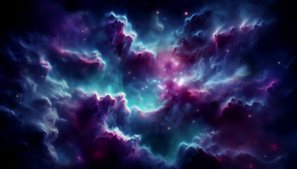 Abstract digital art illustrating blurry and smooth nebulae with hues of purple and cyan - obrazy, fototapety, plakaty