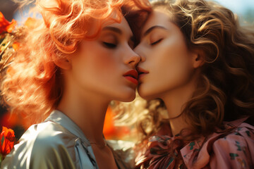 Obraz premium Lesbian Kiss of a Couple in Love and Full of Passion, Celebrating the Depth of Connection and Affection in a Beautiful Homosexual Relationship
