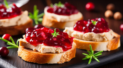 Festive appetizer with foie gras, cranberry chutney and jelly. Generative AI - obrazy, fototapety, plakaty