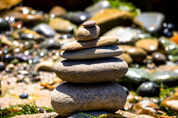 Tranquil Zen stacked rocks at the beach in harmony with nature.