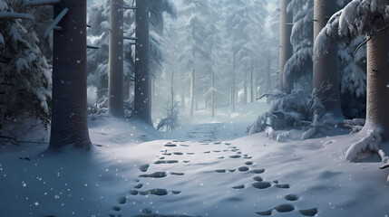 Snowy footprints leading into a dense forest