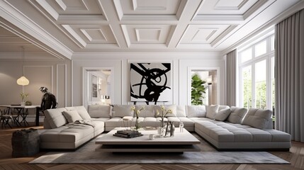 Contemporary living space with a coffered ceiling displaying a geometric pattern, bringing a fresh and artistic perspective to the room.