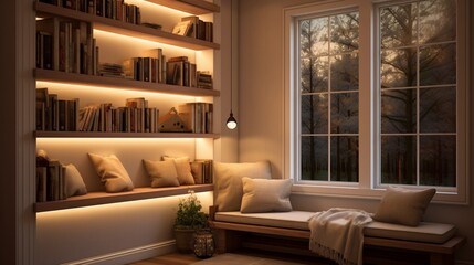 Cozy reading nook with a tray ceiling and integrated bookshelf lighting, providing a warm and inviting space for leisure.