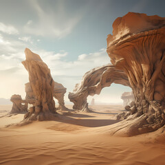 Surreal desert landscape with abstract rock formations