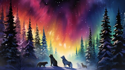 painting of a family of wolves traversing the snowy landscape with aurora dancing across the night sky