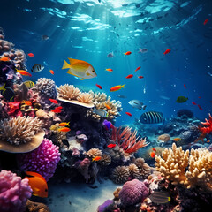 Underwater scene with diverse marine life and colorful coral reefs.