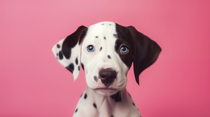 Calm Dalmatian Puppy on a Pink Background. Studio Close-up Photo of a Dalmatian Puppy on a Pastel Plain Background