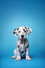 Calm Dalmatian Puppy on a Blue Background. Studio Photo of a Dalmatian Puppy on a Pastel Plain Background