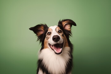 Fototapeta premium Happy and Excited Border Collie with Opened Mouth on a Pastel Green Background. Studio Close-up Photo of a Border Collie Dog on a Plain Background