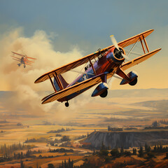 Vintage biplanes leaving trails of smoke against a clear blue sky. - obrazy, fototapety, plakaty
