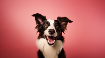 Happy and Excited Border Collie with Opened Mouth on a Pastel Red Background. Studio Close-up Photo of a Border Collie Dog on a Pastel Red Plain Background
