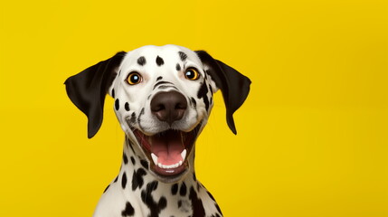 Happy and Exited Dalmatian Dog on a Yellow Background. Studio Close-up Photo of a Dalmatian Puppy with opened mouth on a Plain Background