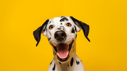 Happy and Exited Dalmatian Dog on a Yellow Background. Studio Close-up Photo of a Dalmatian Dog with opened mouth on a Plain Background